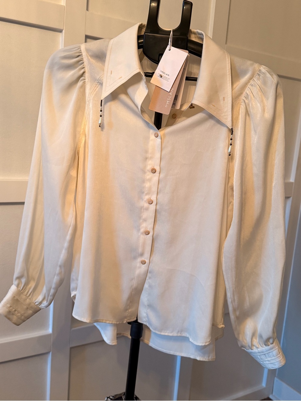 Ivory Long-Sleeve Button Front Blouse with Collar